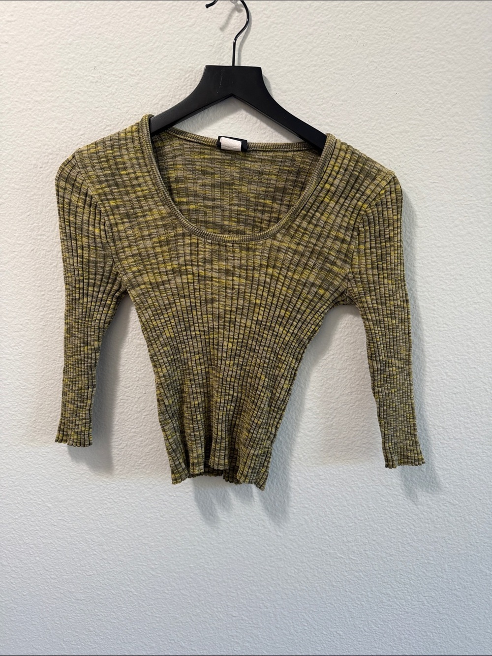Olive Green Ribbed Scoop Neck 3/4 Sleeve Top Size M Vintage Y2K